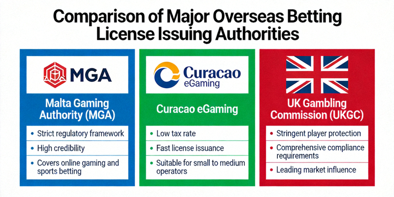 말타(MGA), 퀴라소, 영국(UKGC) 등 주요 해외 배팅 라이선스 발급 기관의 로고와 특징을 비교한 인포그래픽