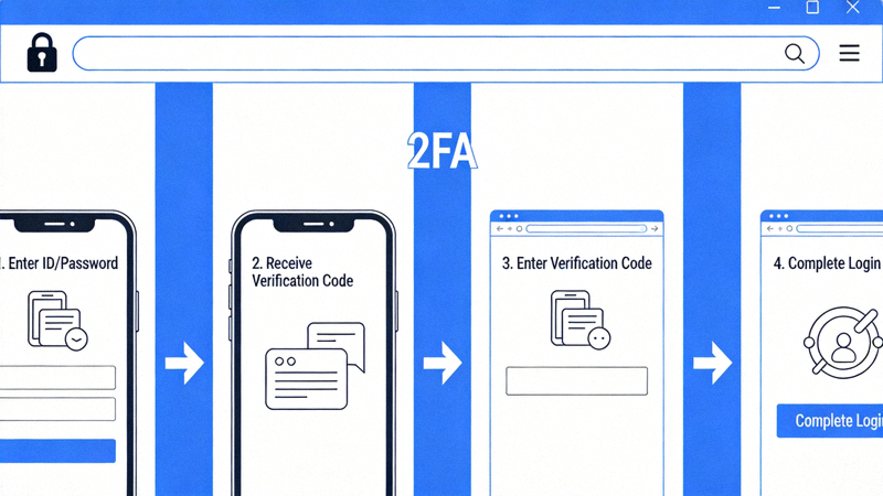웹 브라우저 주소창의 자물쇠 아이콘과 2단계 인증(2FA) 절차를 보여주는 시각적 가이드 이미지
